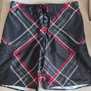 Hang Ten Black and Red Plaid Board Shorts, XL